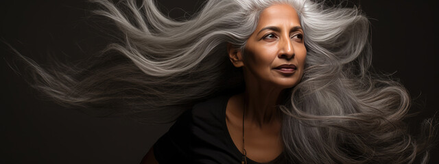 Poster - Portrait of senior mature middle aged lady with long gray natural coloring vibrant silky hair.