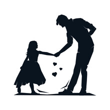 Father With Daughter Dancing Together Silhouette. Happy Family, Dad And Cute Little Girl Holding Hands. Vector Clip Art Illustration
