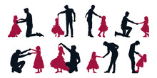 Father Dancing With Daughter Silhouette Collection. Happy Family, Dad And Cute Little Girl. Vector Clip Art Illustration