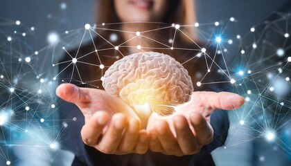 Abstract palm hands holding brain with network connections, innovative technology in science and communication concept