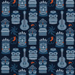 Hawaiian tribal Tiki elements, ukulele and hibiscus fabric abstract vintage vector seamless pattern in deep dark blue colors