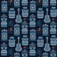 Hawaiian tribal Tiki elements, ukulele and hibiscus fabric abstract vintage vector seamless pattern in deep dark blue colors