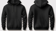 Set Of Black Front And Back View Tee Hoodie Hoody Sweatshirt On Transparent Background Cutout, PNG File. Mockup Template For Artwork Graphic Design 