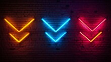 Set Of Glowing Neon Arrows. Glowing Neon Arrow Pointers On Brick Wall Background. Retro Signboard With Bright Neon Tubes In Red, Yellow, Purple And Blue Colors 