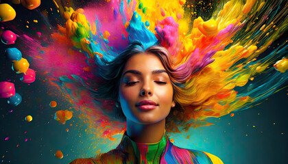 a colorful glowing woman portrait, creative abstract multicolor explosion of ideas, bright ideas, br