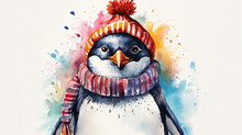Watercolor painting of cute penguin with scarf and bobble hat, christmas winter concept, copy space
