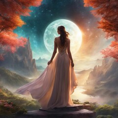 ai generated illustration of a beautiful woman walking joyfully in front of a full moon