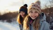 close up portrait of two girls smiling while travel together in winter park, nature landscape background, Generative Ai