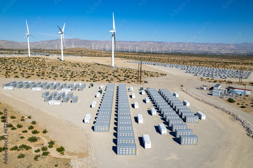 Battery storage array at power plant in the desert near Palm Springs ...