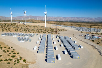 battery storage array at power plant in the desert near palm springs