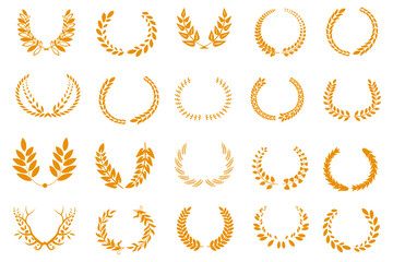 Set of Laurel gold vector illustration. Leaves frame, swirls, laurel wreath, award decoration. Winner award set, branch of olive leaves or stars of victory symbol