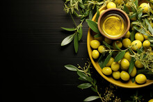 A Bowl Of Olive Oil, Green Olives, Green Olive Leaf, On Green Background.