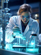 a scientist preparing her experiment, in the style of dark teal and light azure