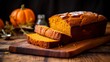 © JW Studio - Homemade pumpkin cake on black wooden background, winter seasonal sweet dessert Pumpkin Bread.