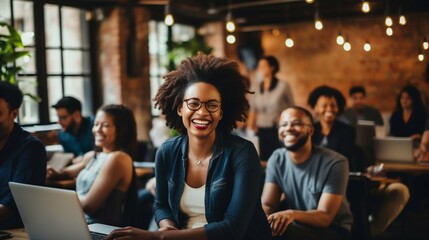 Empowerment Through Learning: Seminar with Happy Black Adults on Laptops. Generative ai