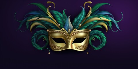 Wall Mural - A gold mask with green feathers on a purple background. Mardi Gras decorative element.