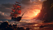 Breathtaking seascape during sunset, majestic galleon ship with multiple sails and intricate details are anchored near a lush, verdant coastline. Generative AI