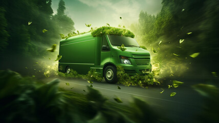 Wall Mural - green truck in green forest with a beautiful landscape