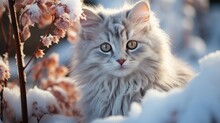  A Close Up Of A Cat In The Snow With Snow On It's Face And A Bush In The Foreground.  Generative Ai