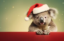 A Portrait Of A Koala Wearing A Santa Claus Hat And Holds A Blank Red Billboard. Empty Space For Text. Copy Space. Light Pastel Yellow Background.