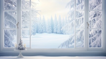 Poster -  a window with a view of a snowy landscape and a lit candle in front of a snowy scene with trees.  generative ai