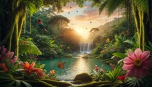 Photo Of A Lush Rainforest At Sunset With Exotic Plants And Vibrant Flowers In The Foreground, Colorful Birds And Butterflies Hidden In The Treetops, And A Small Waterfall In The Background Flowing In