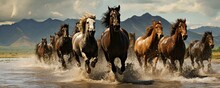 AI Generated Illustration Of Horses Galloping Side By Side Through A Crystal Clear Lake