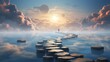  a man standing on a bridge in the middle of a body of water with stepping stones in front of him.  generative ai