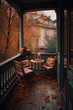 Cozy city terrace with table in autumn