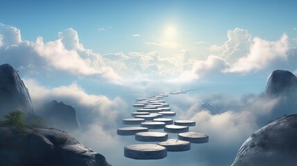 Wall Mural - a group of stepping stones in the middle of a sea of clouds with a bright sun in the sky above. gene