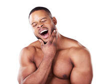 Tired, Yawn And Face Of Black Man With Fitness, Wellness And Muscle For Exercise Isolated On Png Transparent Background. Health, Model And An African Person With Fatigue From Workout Or Training