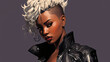 A digital painting of a black woman with white hair in a black leather jacket