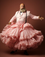  cheerful grey haired bearded fat man in a pink ballerina tutu and jacket on a pink background.concept of individuality and difference