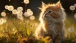 AI generated illustration of a fluffy kitten sitting on green grass near dandelions
