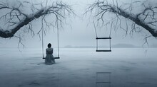  A Woman Sitting On A Swing In The Middle Of A Frozen Lake With Two Empty Swings Hanging From The Branches.  Generative Ai