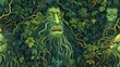  a painting of a group of people with green hair and beards, surrounded by plants and trees, with eyes open.  generative ai
