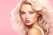 Perfect make-up. Beauty, fashion. girl with pink lips. Beautiful blonde woman with curly hair on a pink background. Blonde girl with pink makeup.