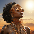 portrait of a young beautiful African woman wearing gold clothes, jewelry and headdress. fantastic afrofuturism