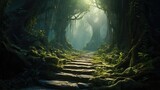 Fototapeta Natura -  a path in the middle of a forest with moss growing on the rocks and trees on either side of it.  generative ai