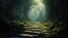  A Path In The Middle Of A Forest With Moss Growing On The Rocks And Trees On Either Side Of It.  Generative Ai