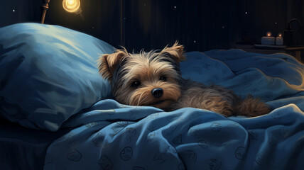 Canvas Print - yorkshire terrier lying on the bed at home