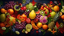  A Bunch Of Different Types Of Fruit On A Black Background With Leaves And Flowers On The Bottom Of The Picture.  Generative Ai