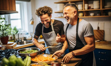 Sharing Meals And Smiles: Gay Couple Cooking In Kitchen