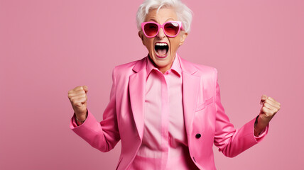 Sticker - excited elderly lady in a stylish wig with pink clothes celebrates victory