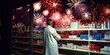 Pharmacist observing fireworks through pharmacy window.