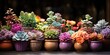 Beautiful different succulents on wooden table in the garden. Generative AI