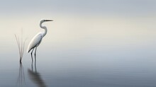  A White Bird Standing On Top Of A Body Of Water Next To A Tall Grass Sticking Out Of The Water.  Generative Ai