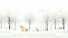  A Painting Of A Fox And Two Cats In A Snowy Forest With Trees And Snow Flakes On The Ground.  Generative Ai