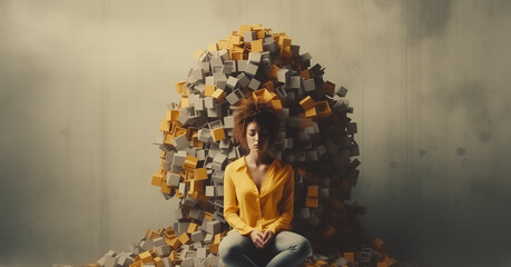 Wall Mural - girl with boxes behind her. creative mental health concept. copy space