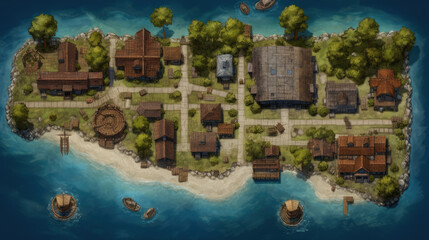 Poster - rpg map asset cartography lake fishing village medieval landscape top down view - by generative ai